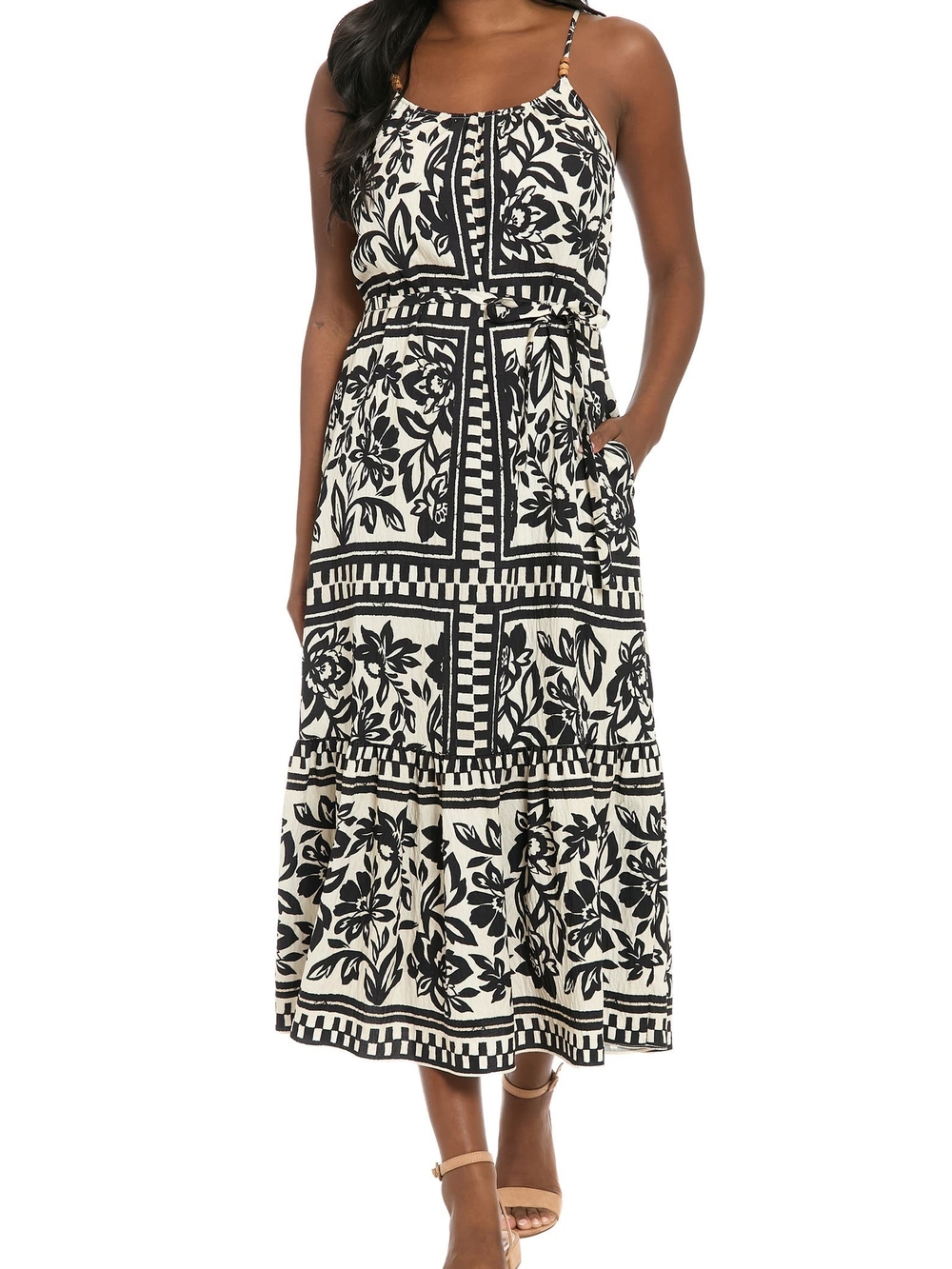 Maggy London Black and Cream Floral-Print Spaghetti Strap Maxi Dress